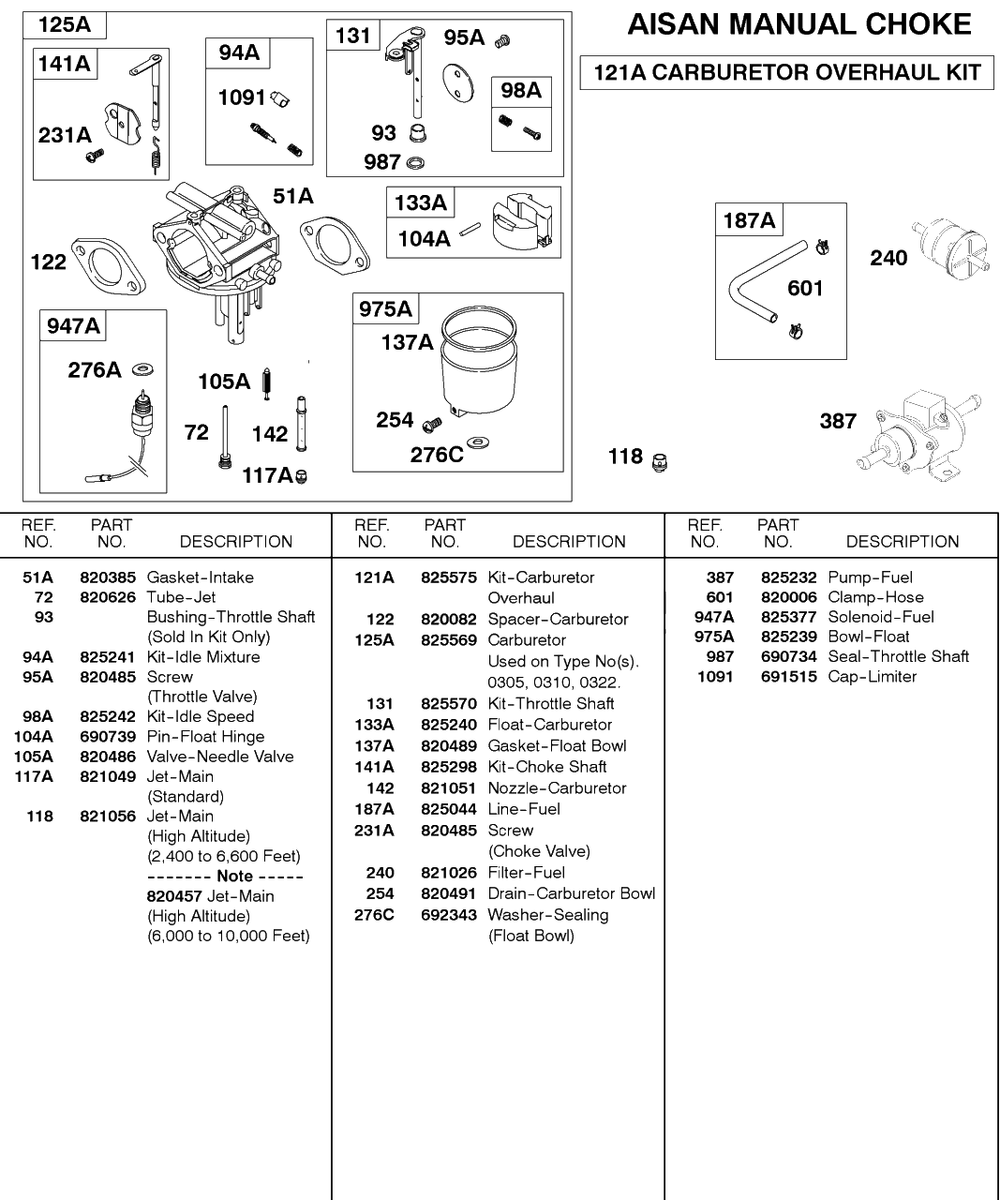 Aisan Manual Choke Carburetor Diagram and Parts List for 589447-0334-XX  Briggs and Stratton Engine